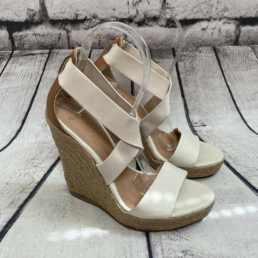 Jean Michel Cazabat Ivory Leather Textile Espadrille Wedge Sandals Size 6.5
